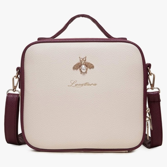 lacattura Handbags - LACATTURA classic bee accent ivory leather makeup travel case bag